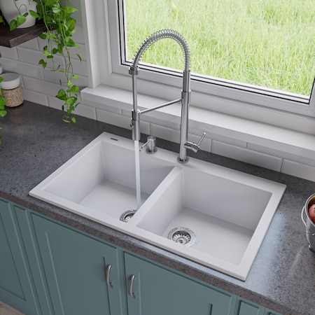 Alfi Brand White 34" Drop-In Dbl Bowl Granite Composite Kitchen Sink AB3420DI-W